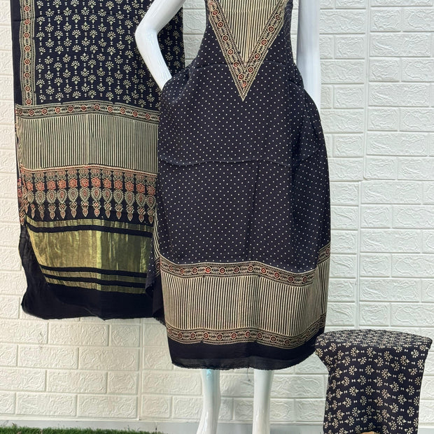 Black Ajrakh Hand Block Print Neptol Dye 3 Pice Suit
