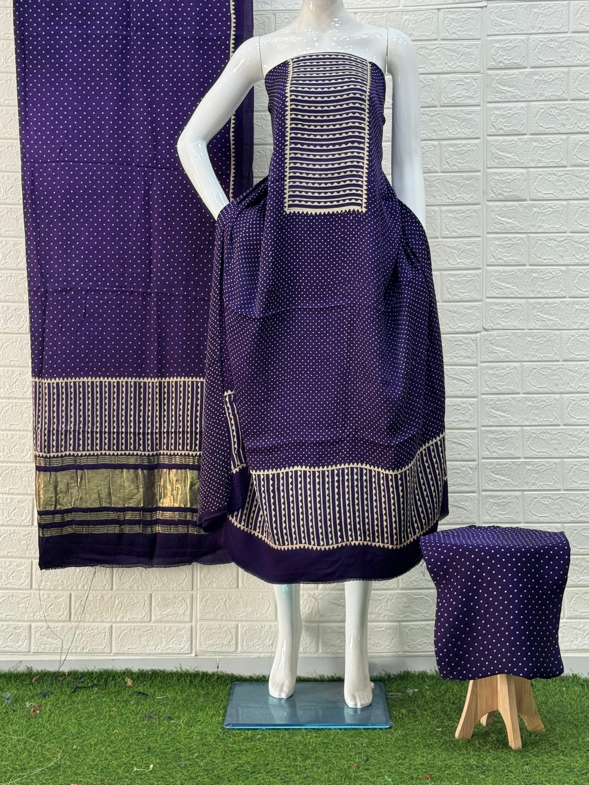 Purple Ajrakh Hand Block Print Neptol Dye 3 Pice Suit