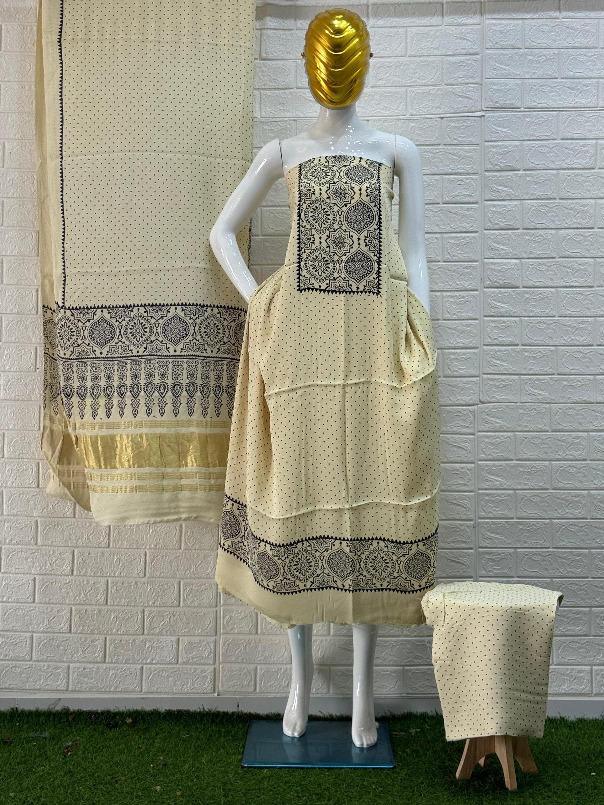 Ajrakh Hand Block Print Neptol Dye 3 Pice Suit