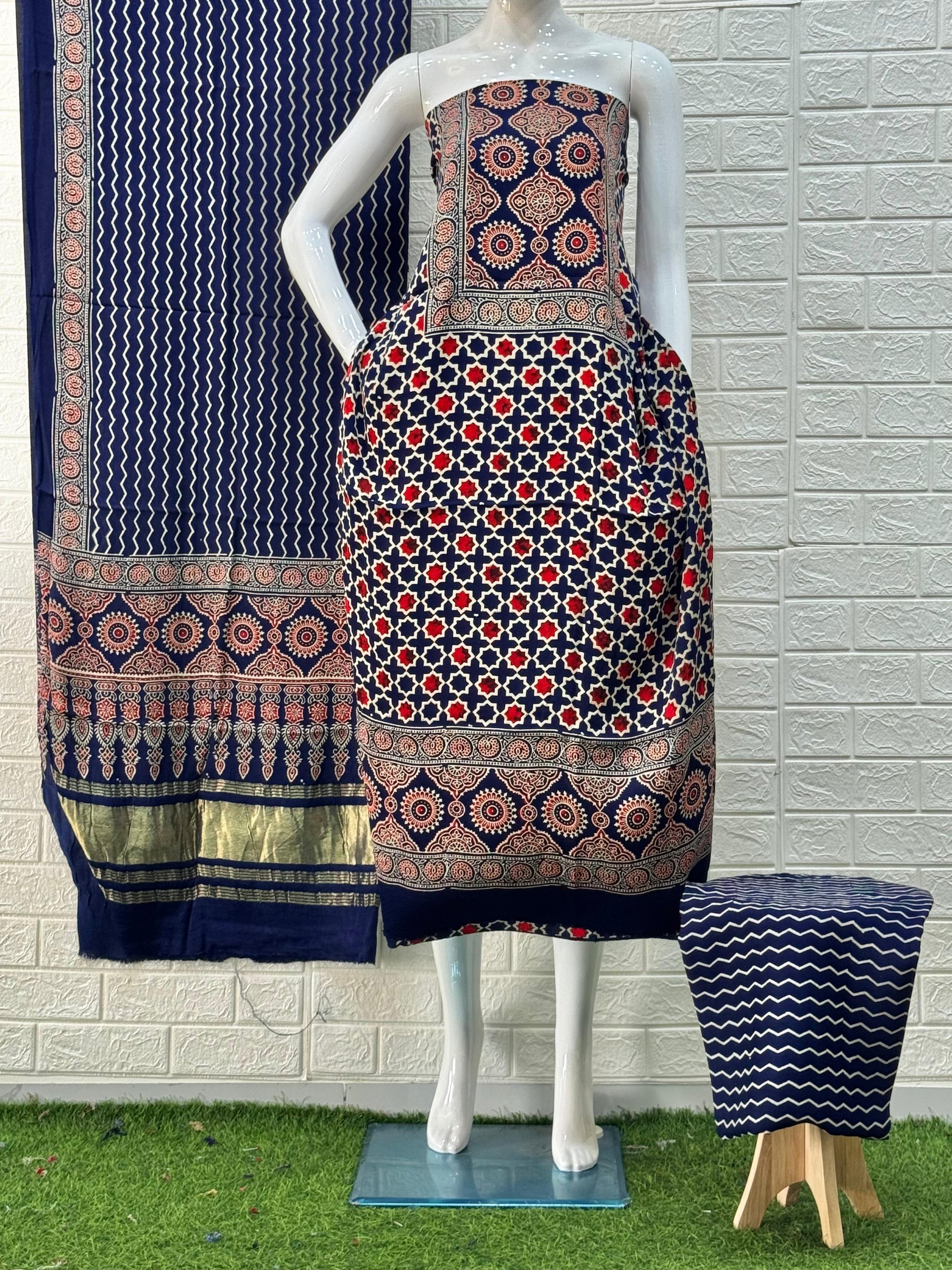 Blue Ajrakh Hand Block Print Neptol Dye 3 Pice Suit