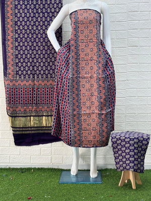 Ajrakh Hand Block Print Neptol Dye 3 Pice Suit
