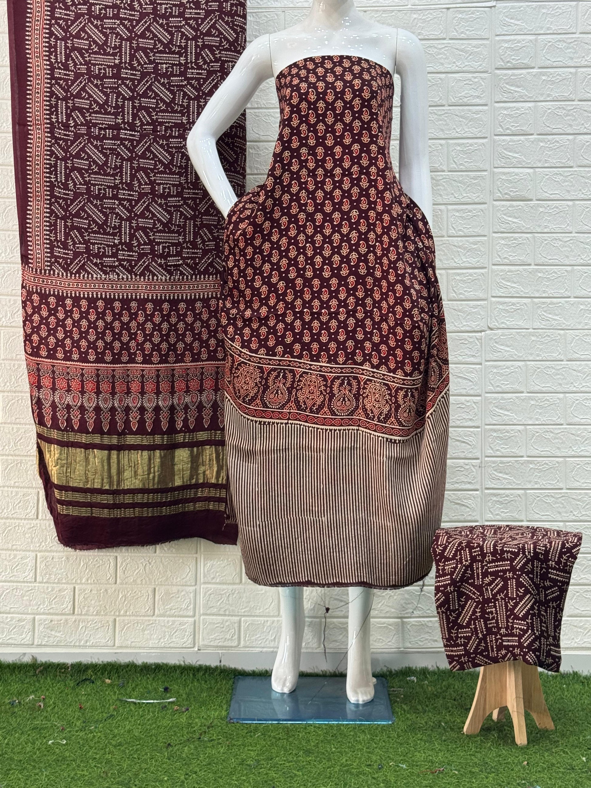 Ajrakh Hand Block Print Neptol Dye 3 Pice Suit
