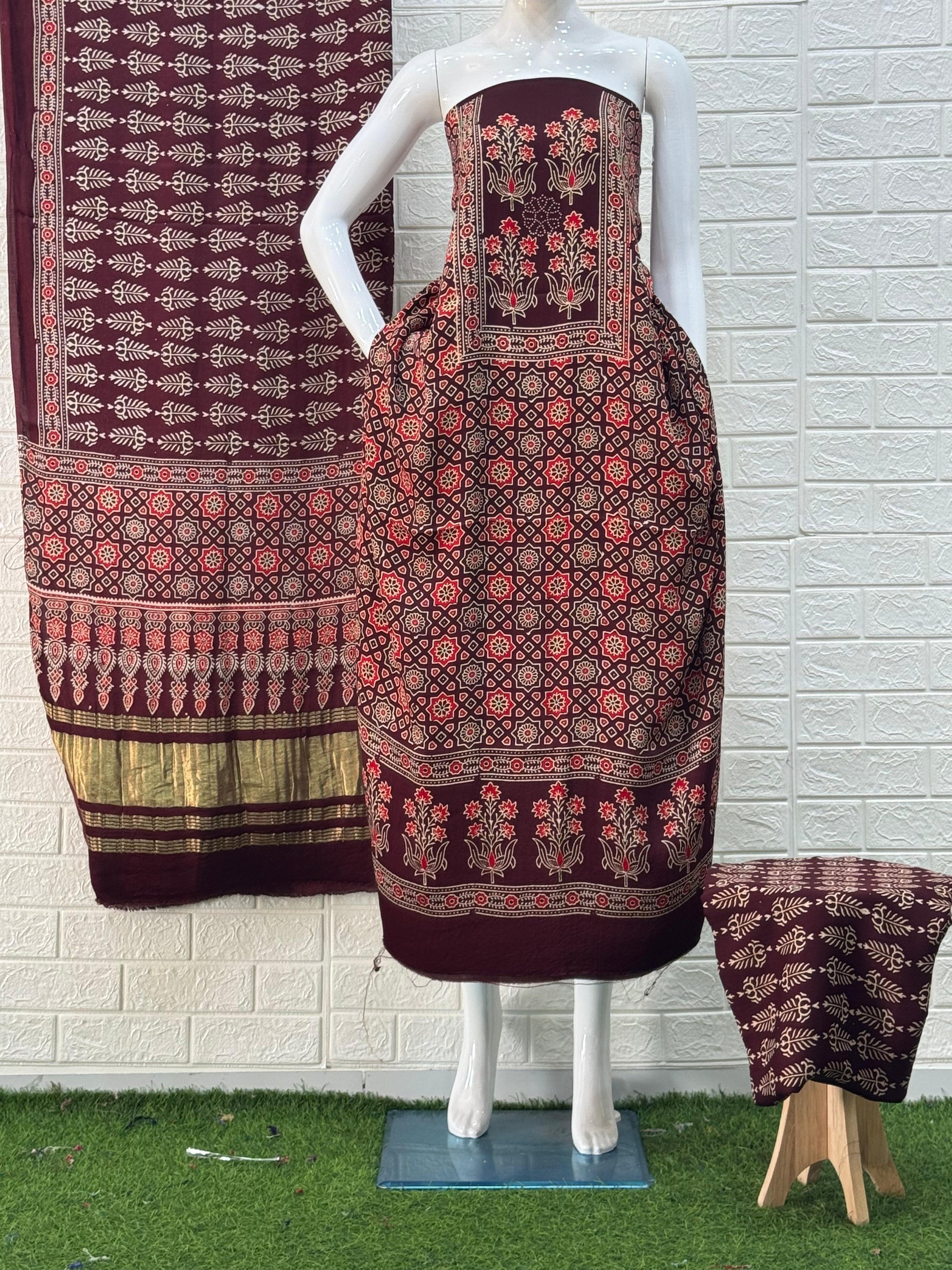 Ajrakh Hand Block Print Neptol Dye 3 Pice Suit