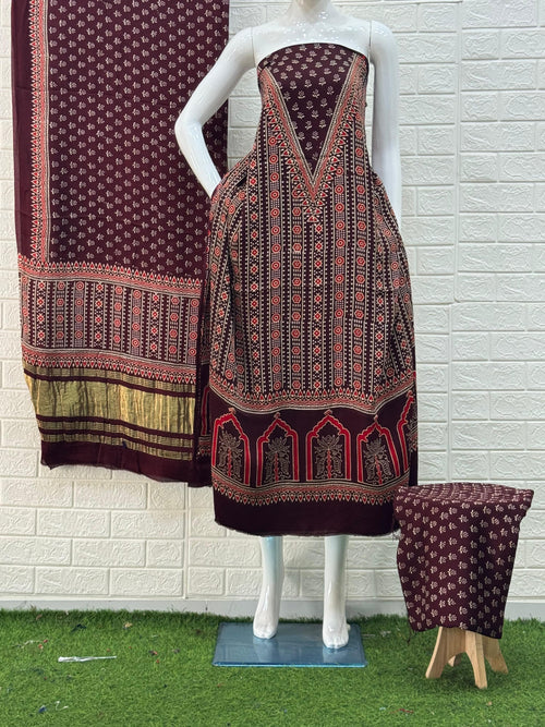 Ajrakh Hand Block Print Neptol Dye 3 Pice Suit