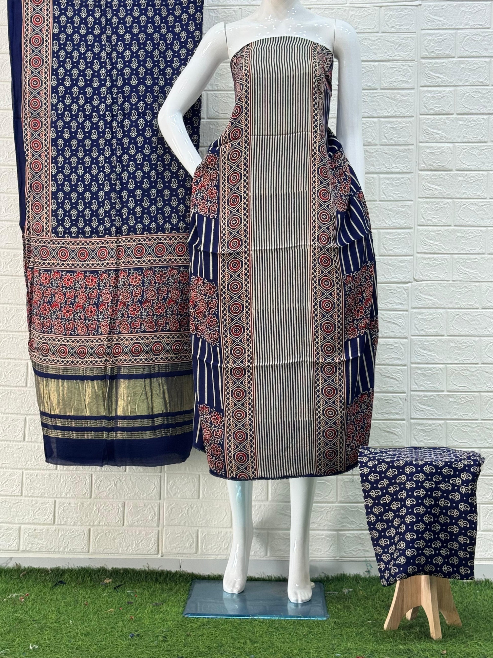 Blue Ajrakh Hand Block Print Neptol Dye 3 Pice Suit