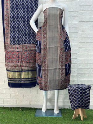 Blue Ajrakh Hand Block Print Neptol Dye 3 Pice Suit