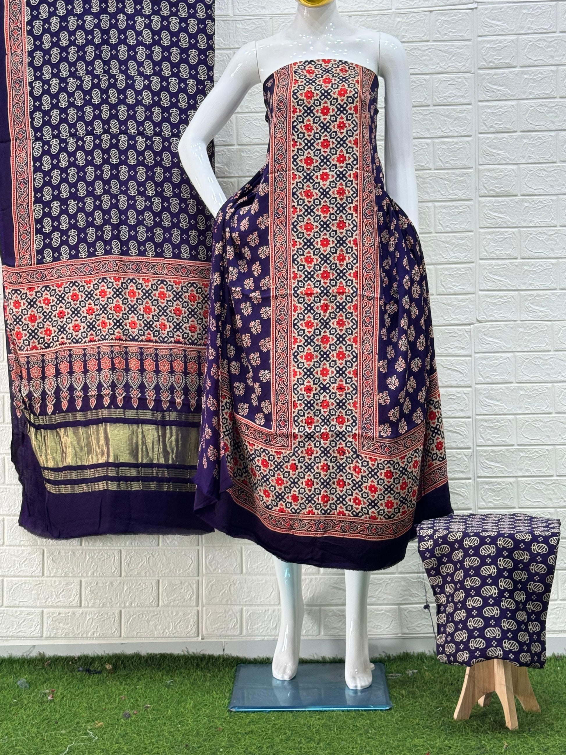 Purple Ajrakh Hand Block Print Neptol Dye 3 Pice Suit