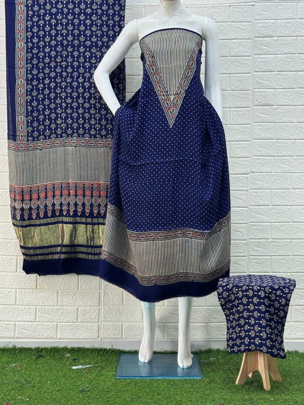 Blue Ajrakh Hand Block Print Neptol Dye 3 Pice Suit