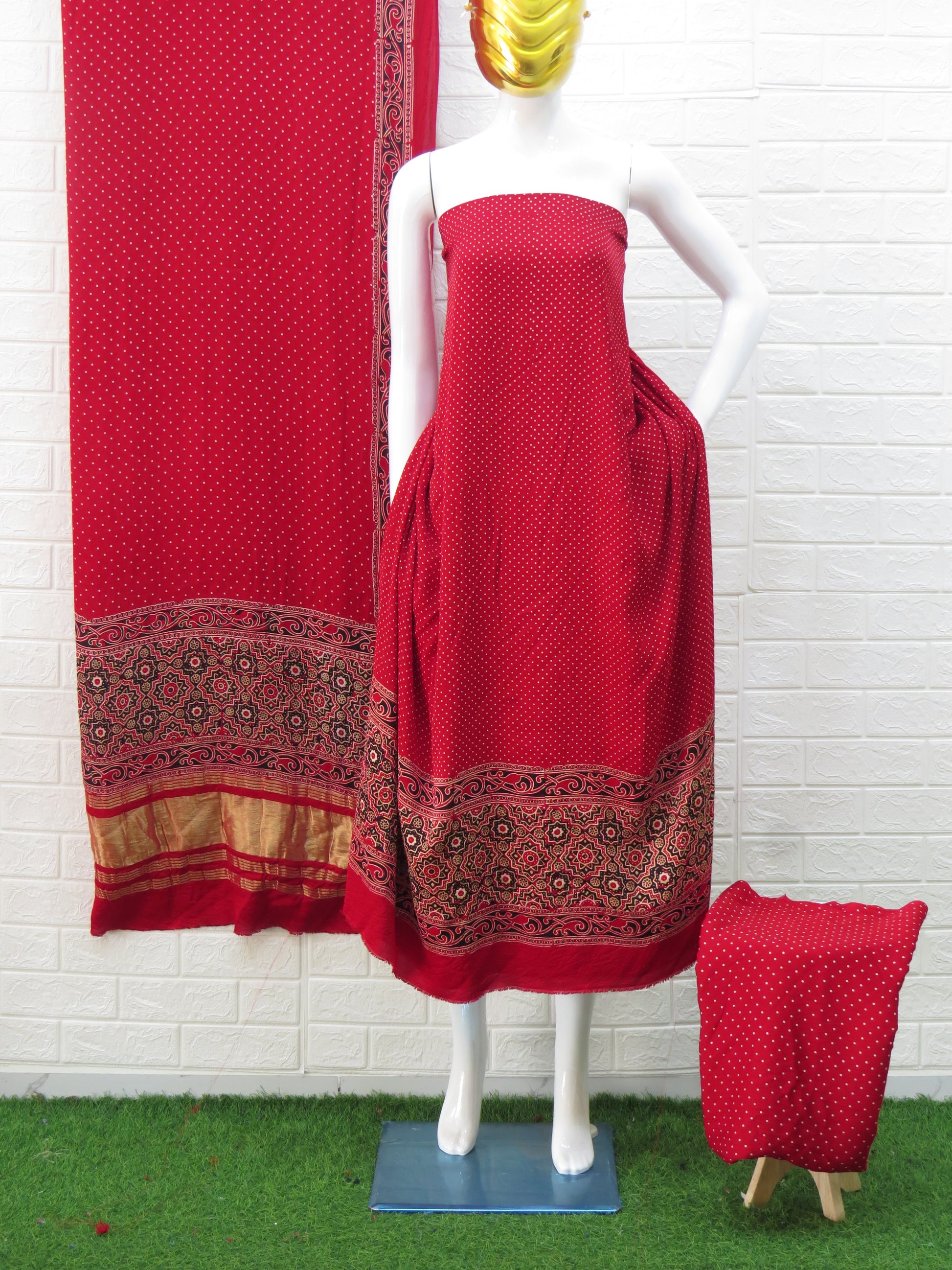 Red Ajrakh Hand Block Print Neptol Dye 3 Pice Suit