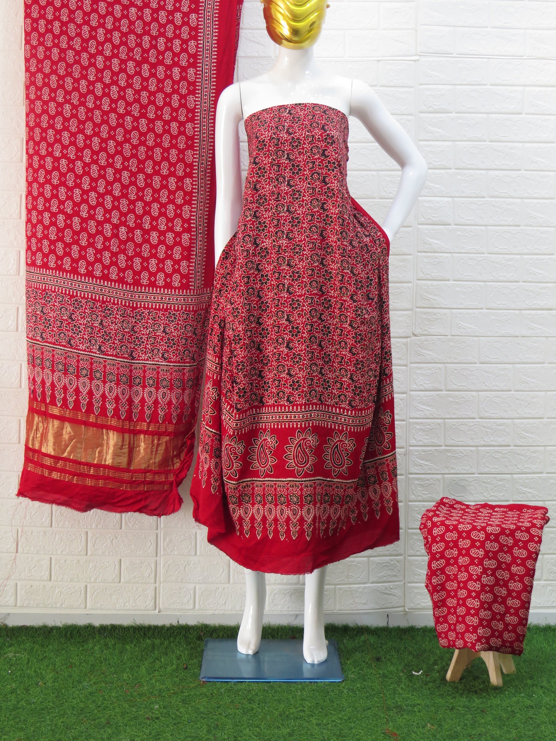 Red Ajrakh Hand Block Print Neptol Dye 3 Pice Suit