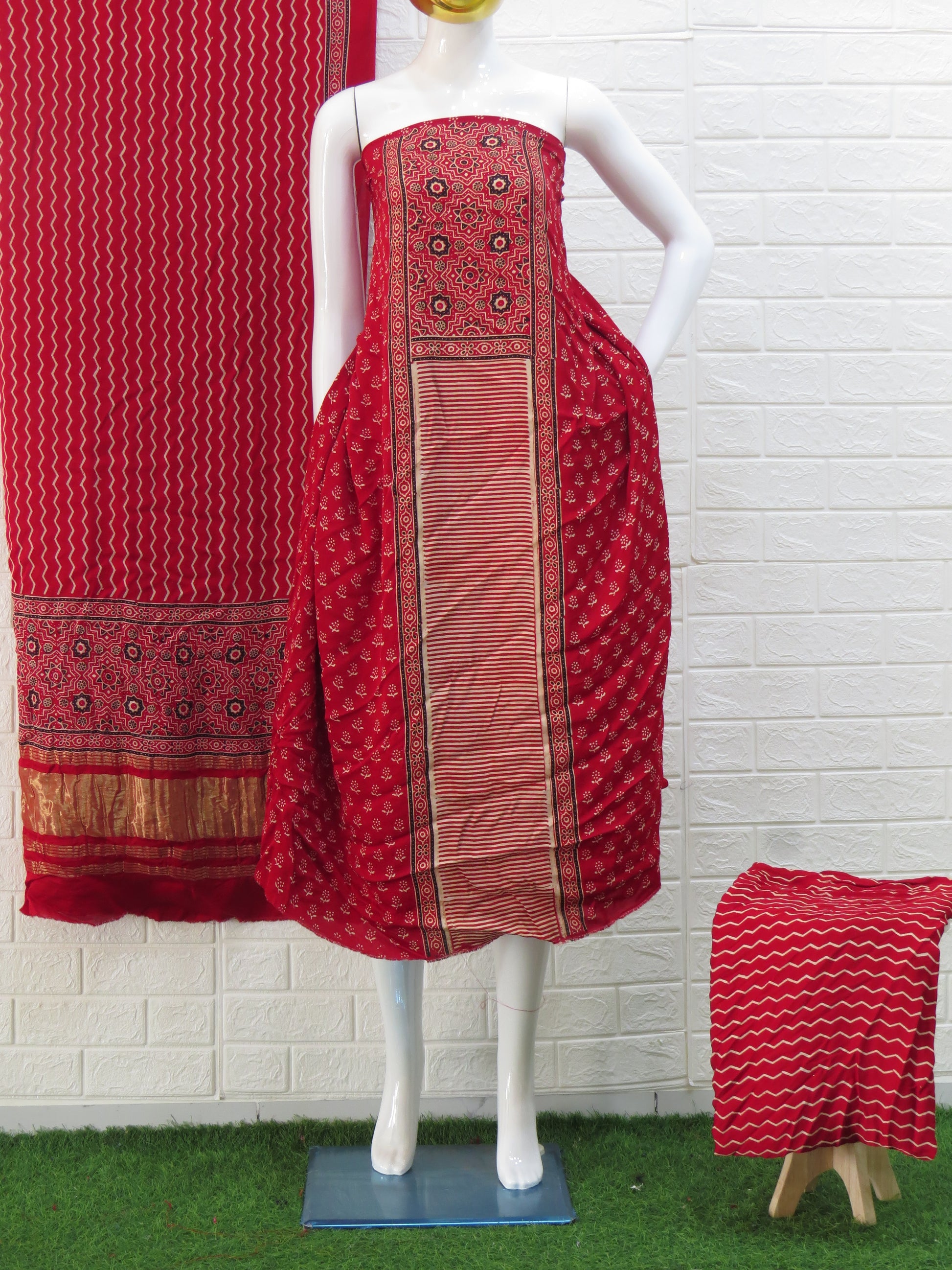 Red Ajrakh Hand Block Print Neptol Dye 3 Pice Suit