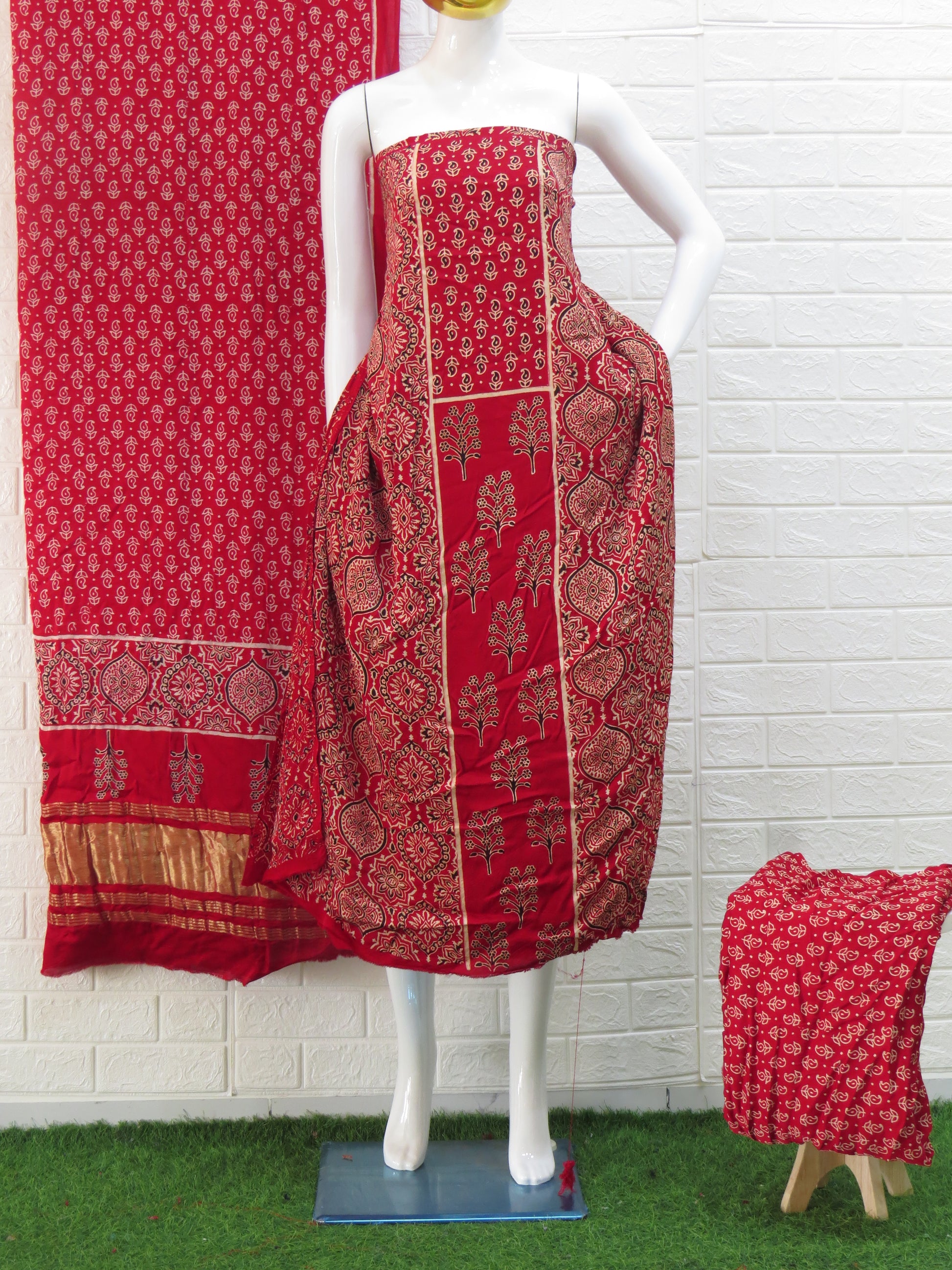 Red Ajrakh Hand Block Print Neptol Dye 3 Pice Suit