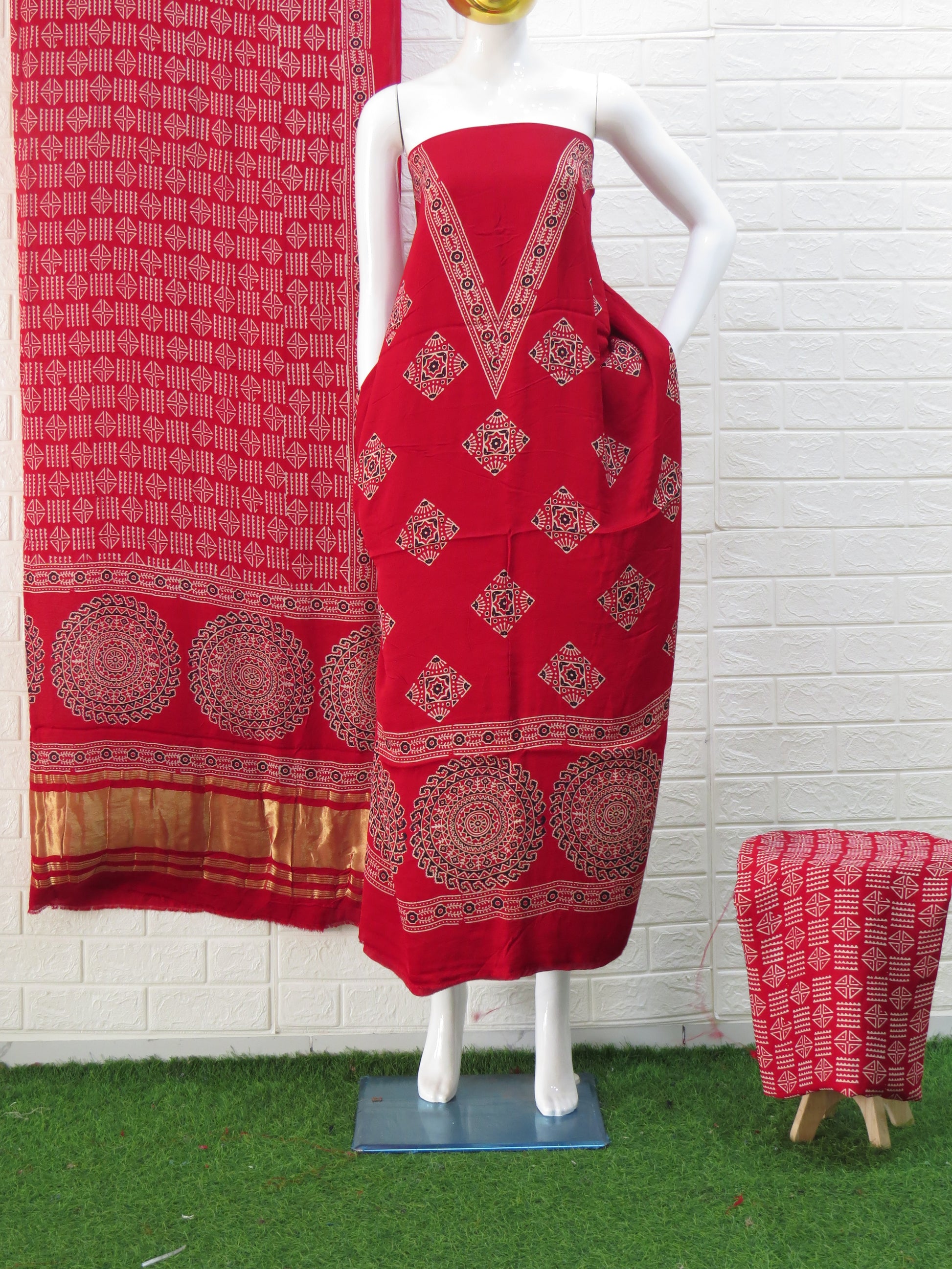 Red Ajrakh Hand Block Print Neptol Dye 3 Pice Suit