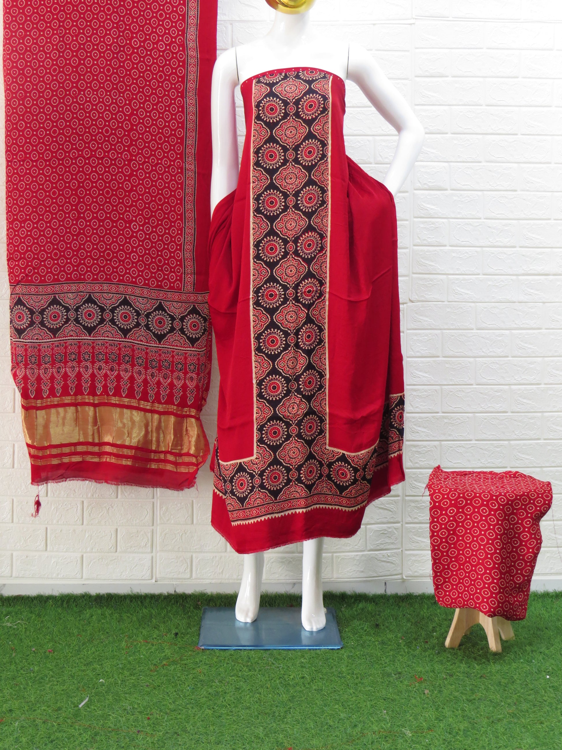 Red Ajrakh Hand Block Print Neptol Dye 3 Pice Suit