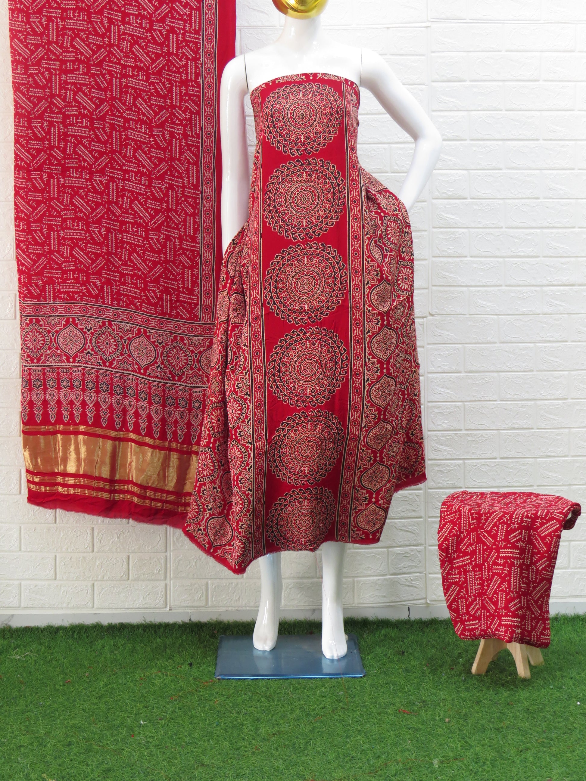 Red Ajrakh Hand Block Print Neptol Dye 3 Pice Suit