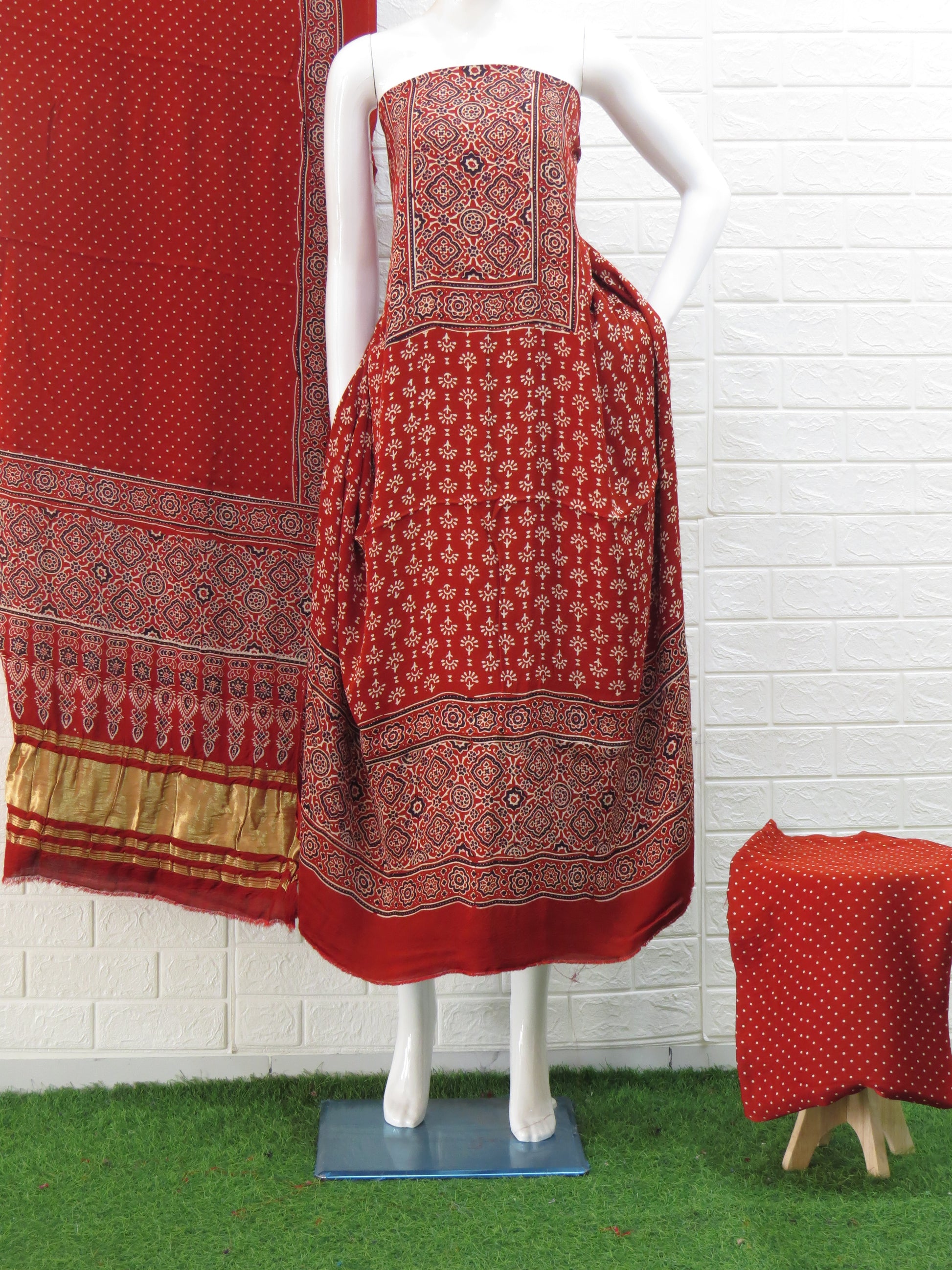 Red Ajrakh Hand Block Print Neptol Dye 3 Pice Suit