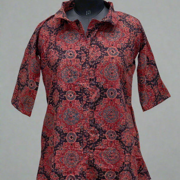 Ajrakh Hand Block Print Cotton Shirt – Red & Beige Floral Geometric Design | Ethnic Casual Wear
