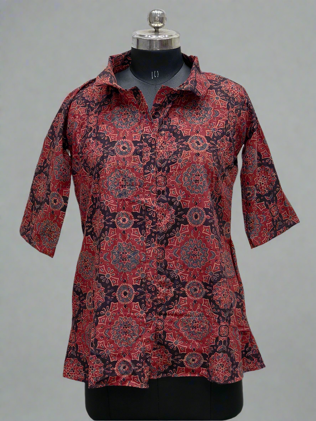 Ajrakh Hand Block Print Cotton Shirt – Red & Beige Floral Geometric Design | Ethnic Casual Wear