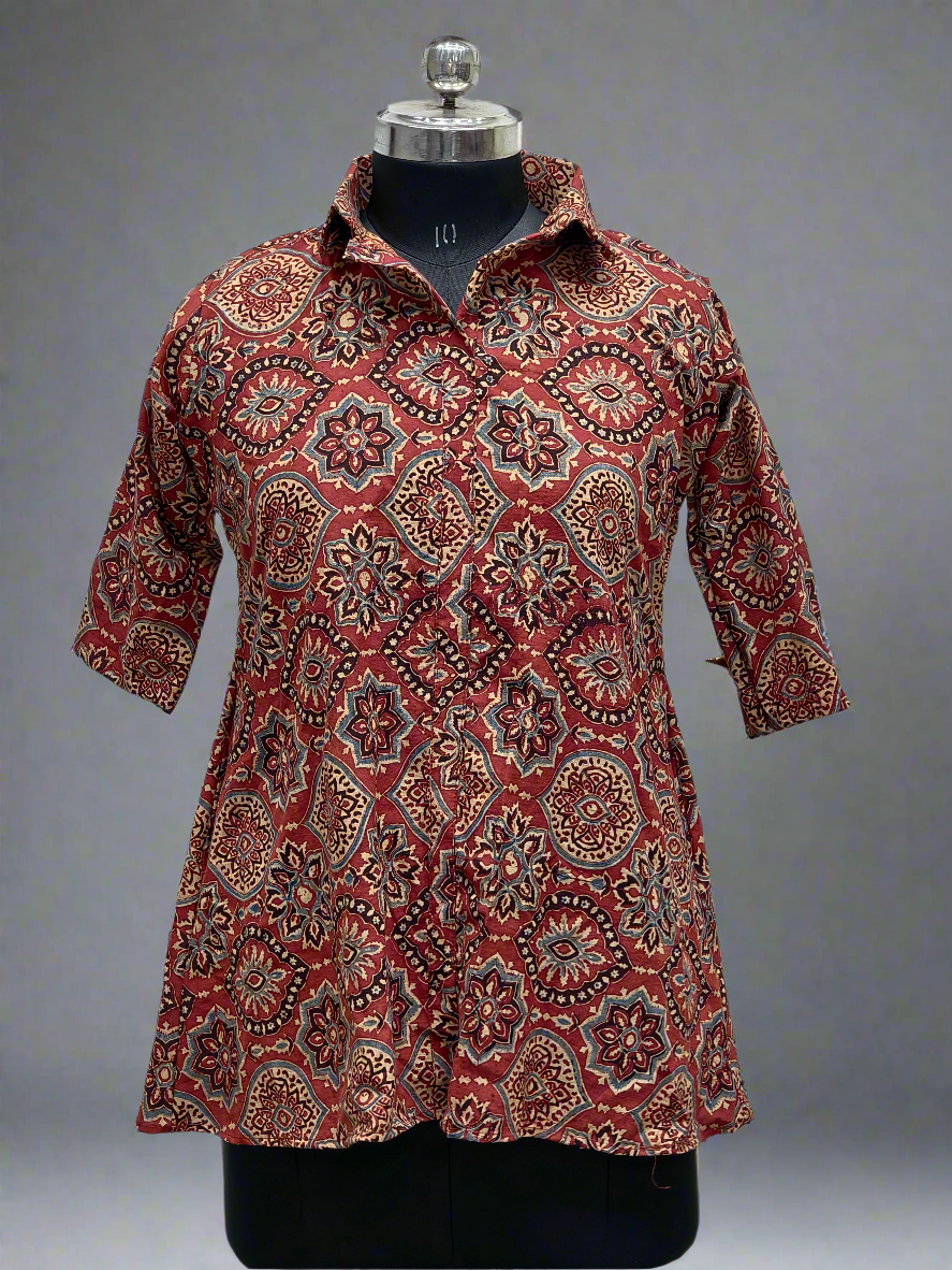 Ajrakh Hand Block Print Cotton Shirt – Red & Beige Floral Geometric Design | Ethnic Casual Wear