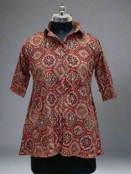 Ajrakh Hand Block Print Cotton Shirt – Red & Beige Floral Geometric Design | Ethnic Casual Wear