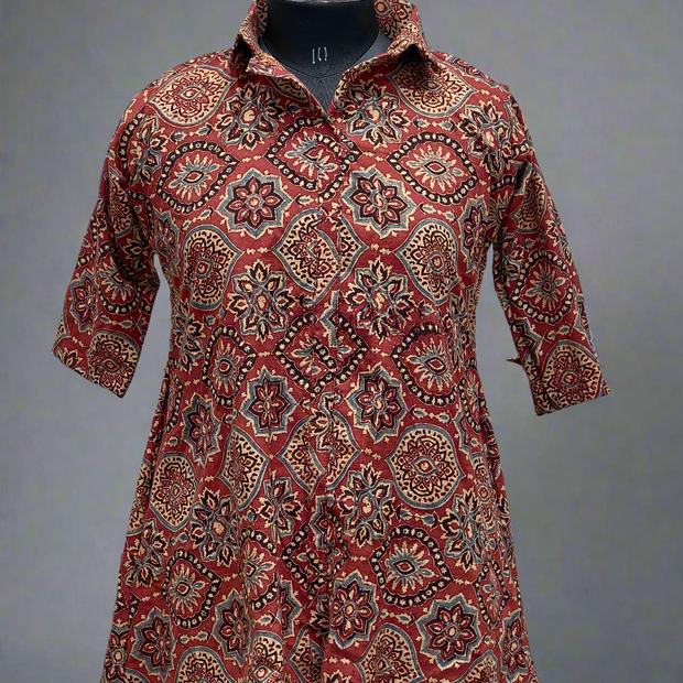 Ajrakh Hand Block Print Cotton Shirt – Red & Beige Floral Geometric Design | Ethnic Casual Wear