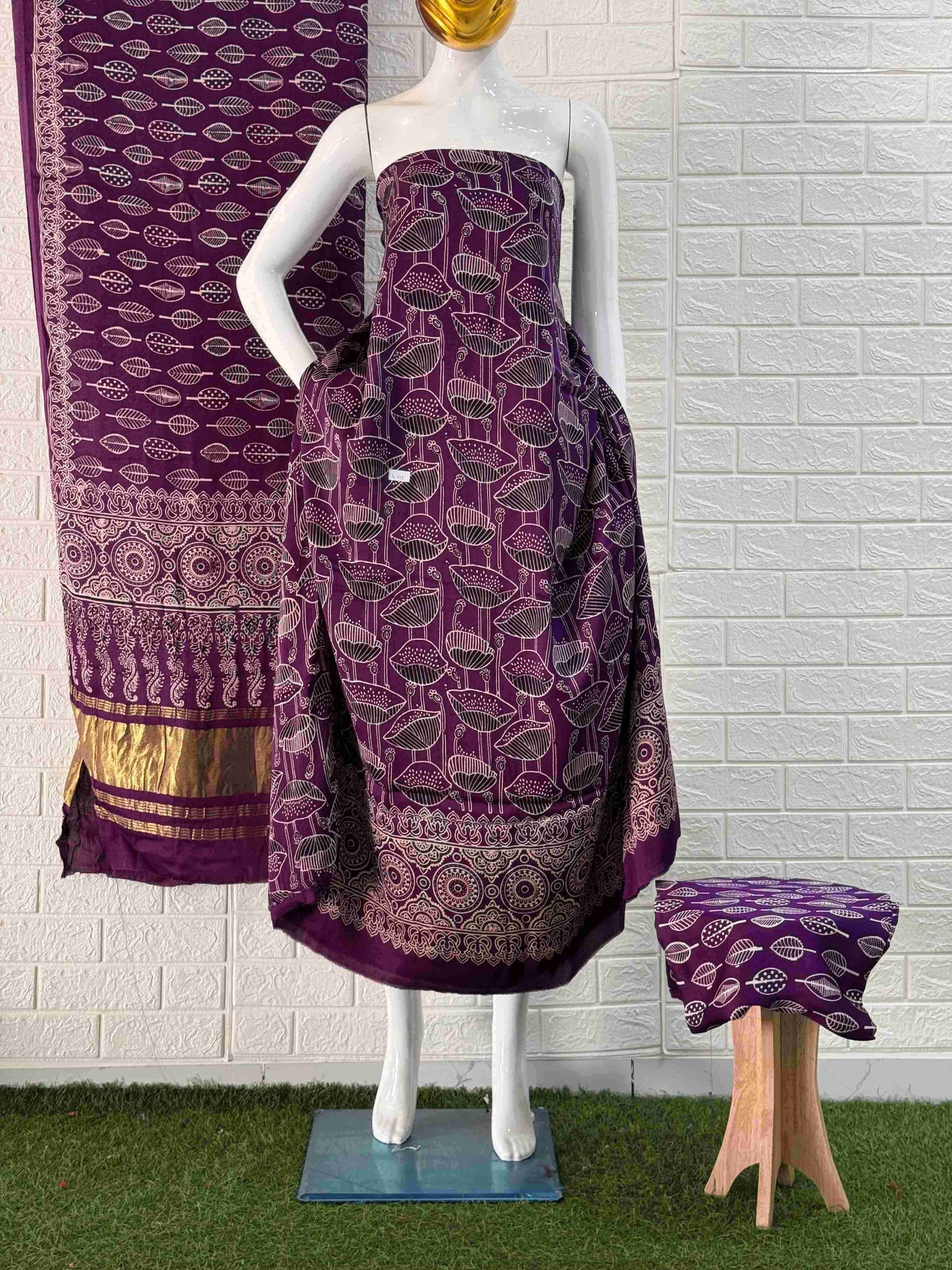 Pure Modal Silk Ajrakh Hand Block Print Neptol Dye 3 Pice Suit