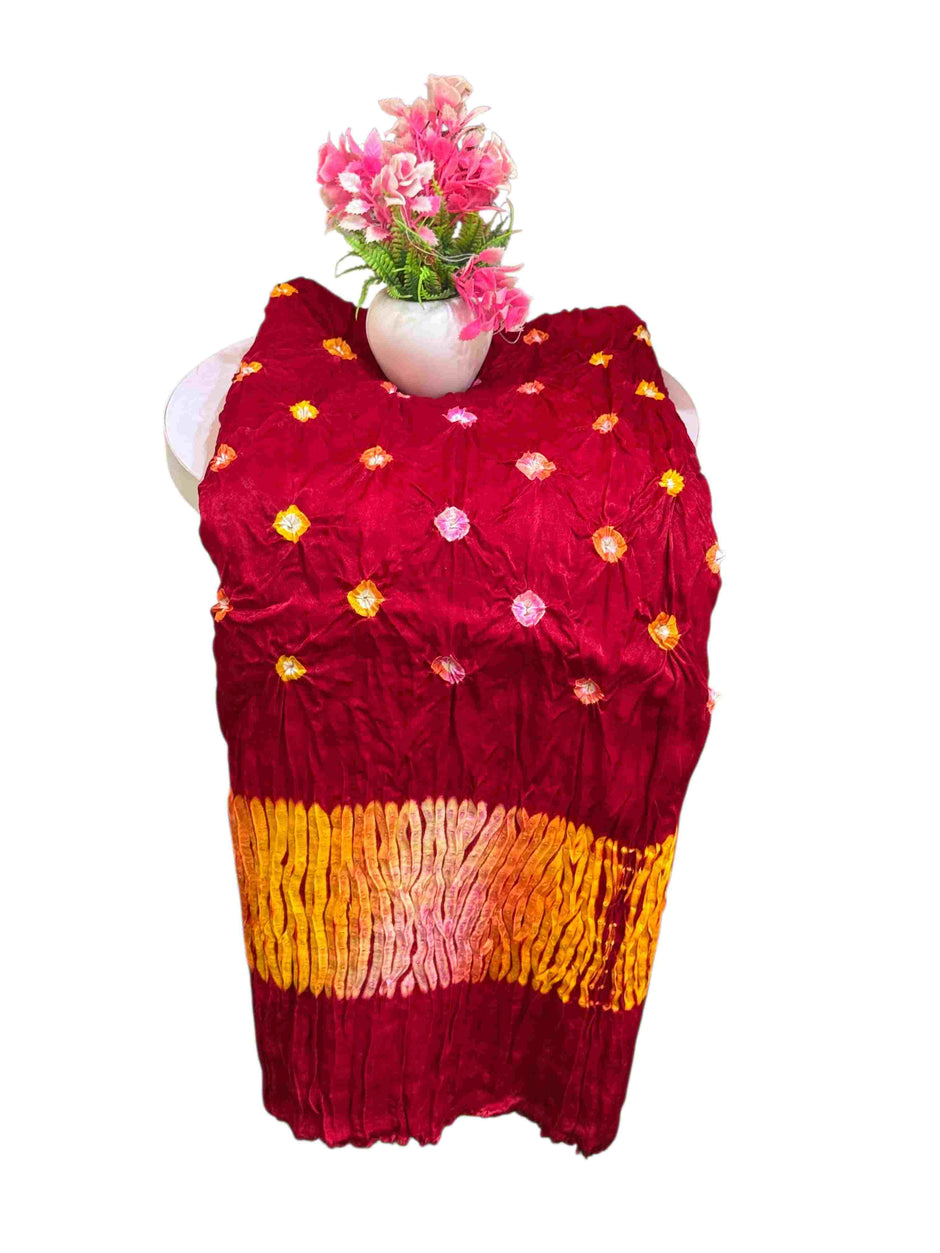 Modal Silk Shibori Suit: Malti Color Bandhani 3-Piece Dress with Zari Pallu