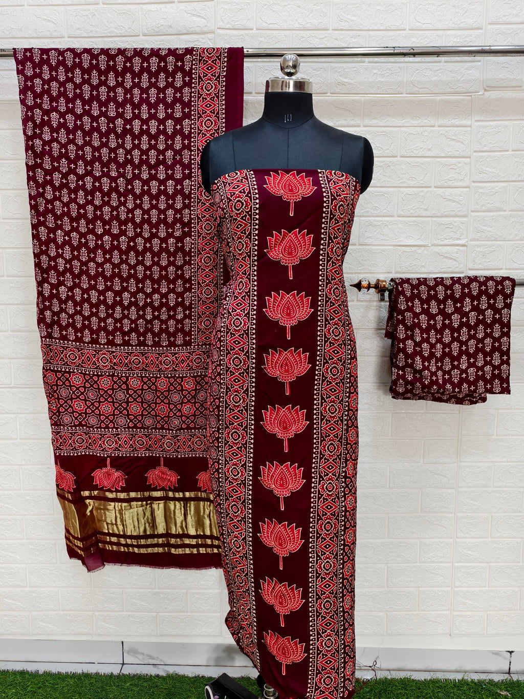 Pure Modal Silk Maroon Ajrakh Hand Block Print Neptol Dye 3 Pice Suit