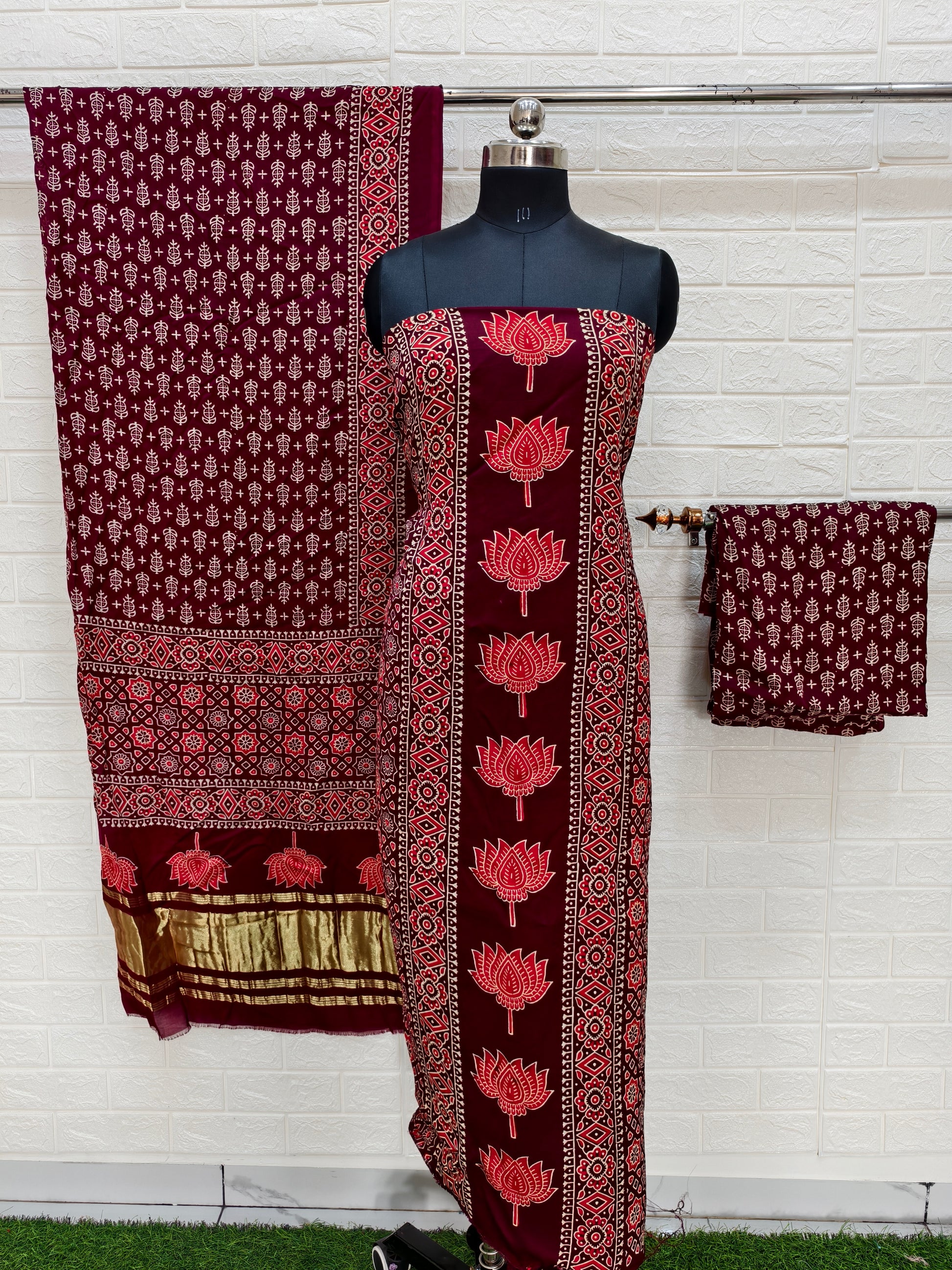 Pure Modal Silk Maroon Ajrakh Hand Block Print Neptol Dye 3 Pice Suit