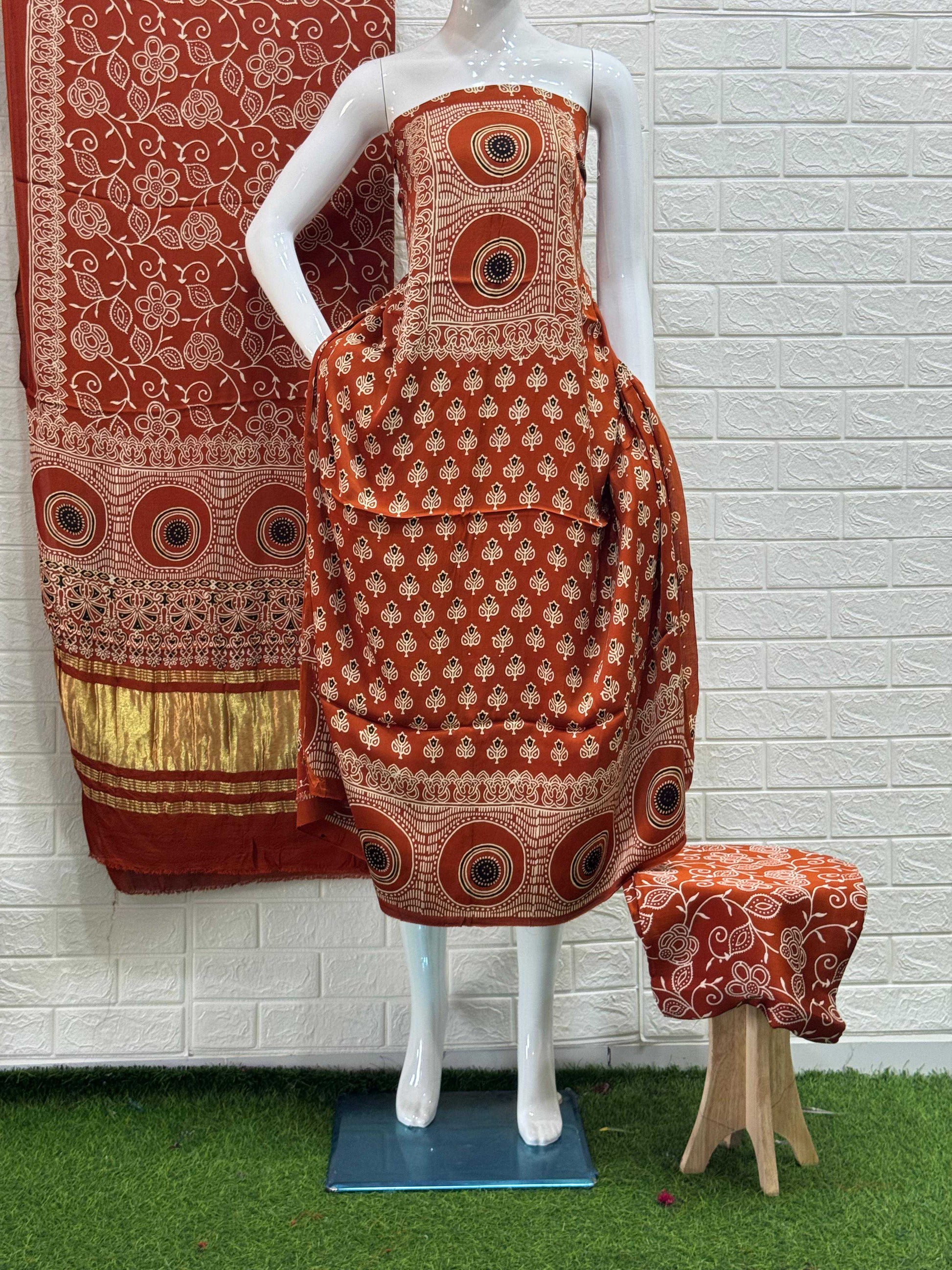 Pure Modal Silk Rust Ajrakh Hand Block Print Neptol Dye 3 Pice Suit