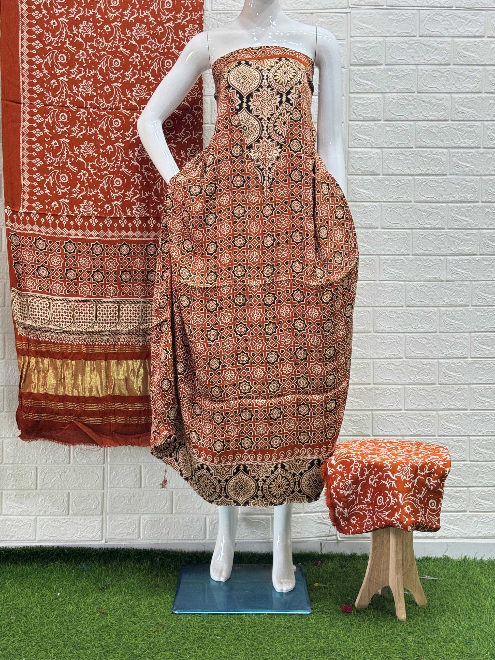 Pure Modal Silk Rust Ajrakh Hand Block Print Neptol Dye 3 Pice Suit