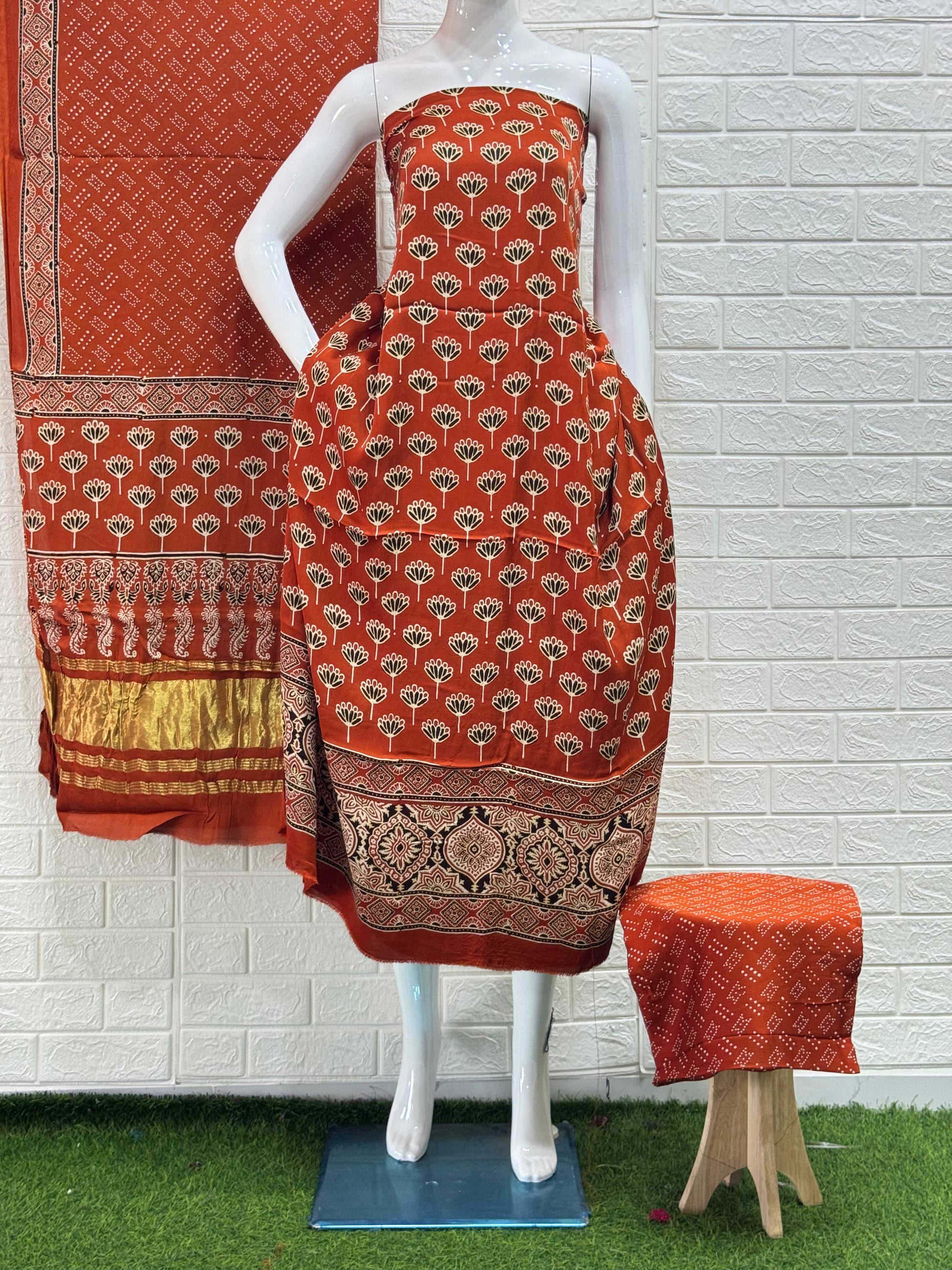 Pure Modal Silk Rust Ajrakh Hand Block Print Neptol Dye 3 Pice Suit