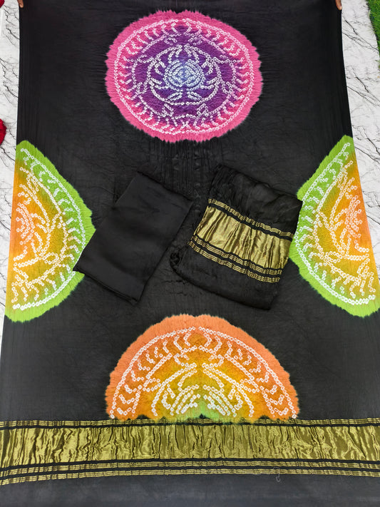 Bandhani Suit Set with Multi Color Dupatta & Zari Pallu