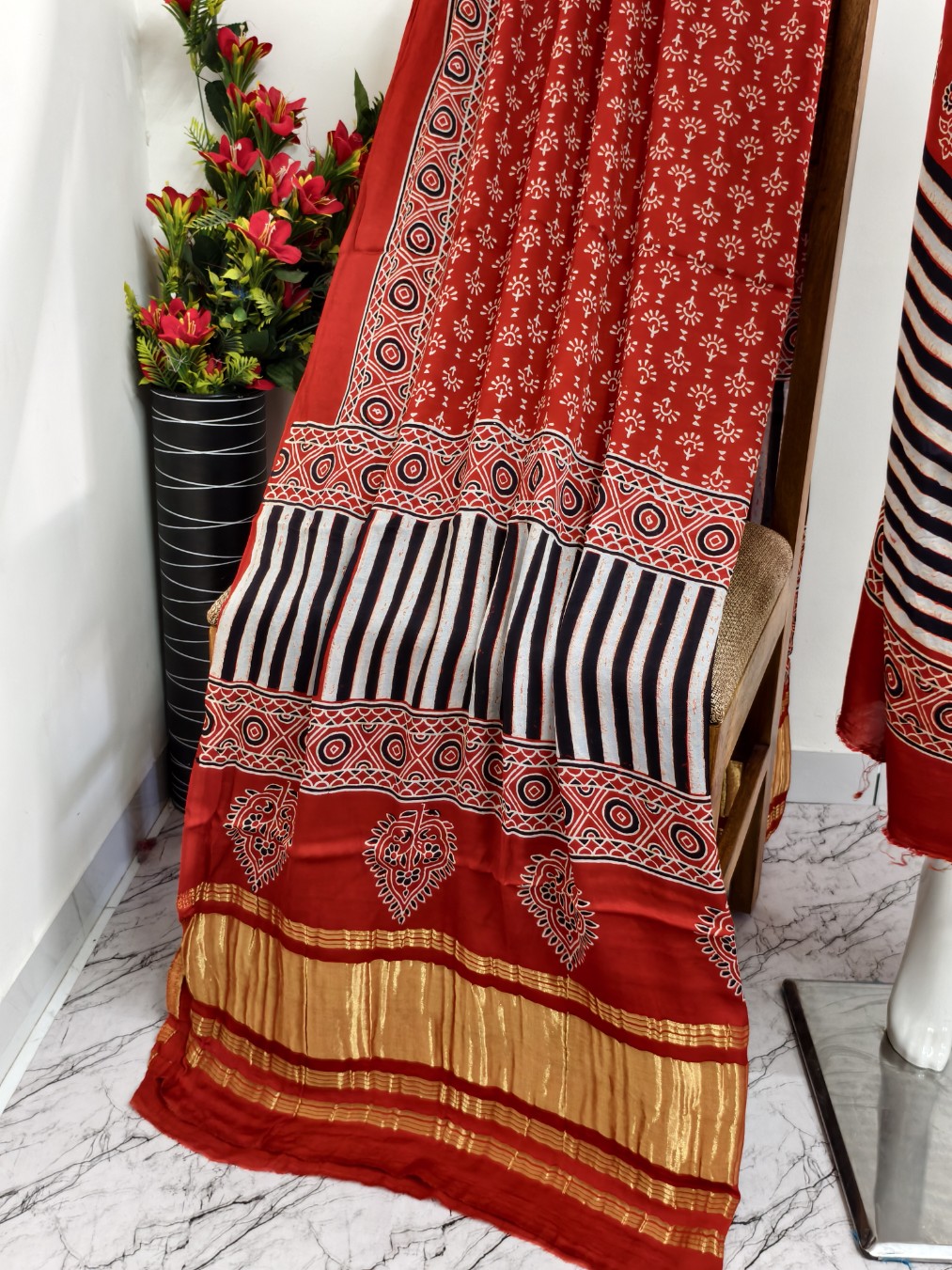 Modal Silk rust Ajrakh Hand Block Print Suit with Neptol Dye & Zari Pallu Dupatta – Premium Designer Ethnic Wear