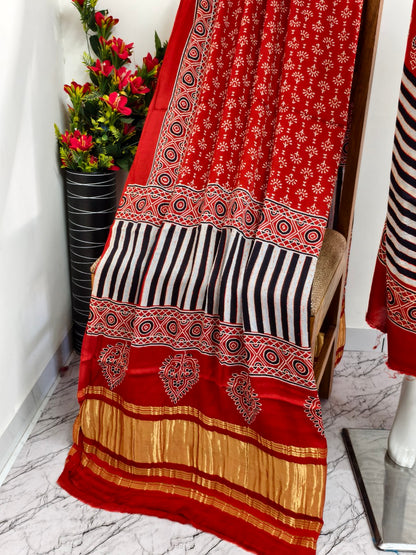 Modal Silk rust Ajrakh Hand Block Print Suit with Neptol Dye & Zari Pallu Dupatta – Premium Designer Ethnic Wear