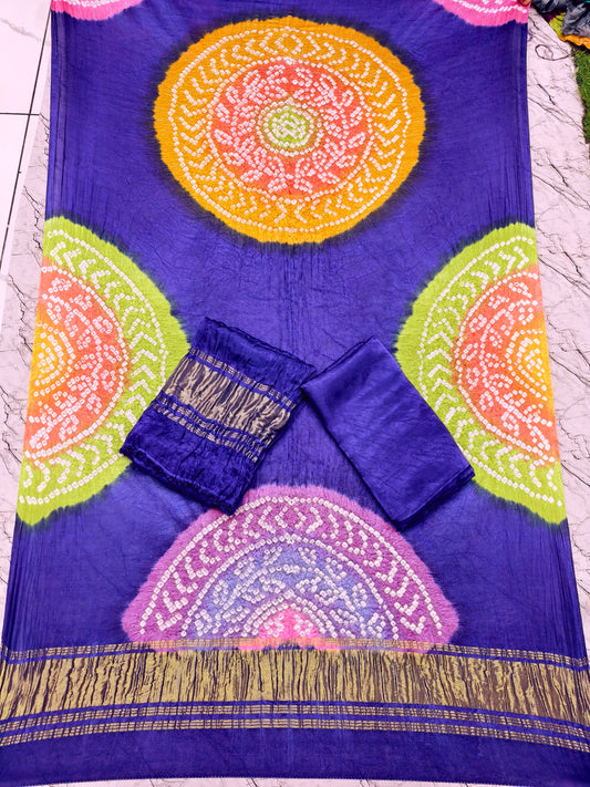 Bandhani Suit Set with Multi Color Dupatta & Zari Pallu