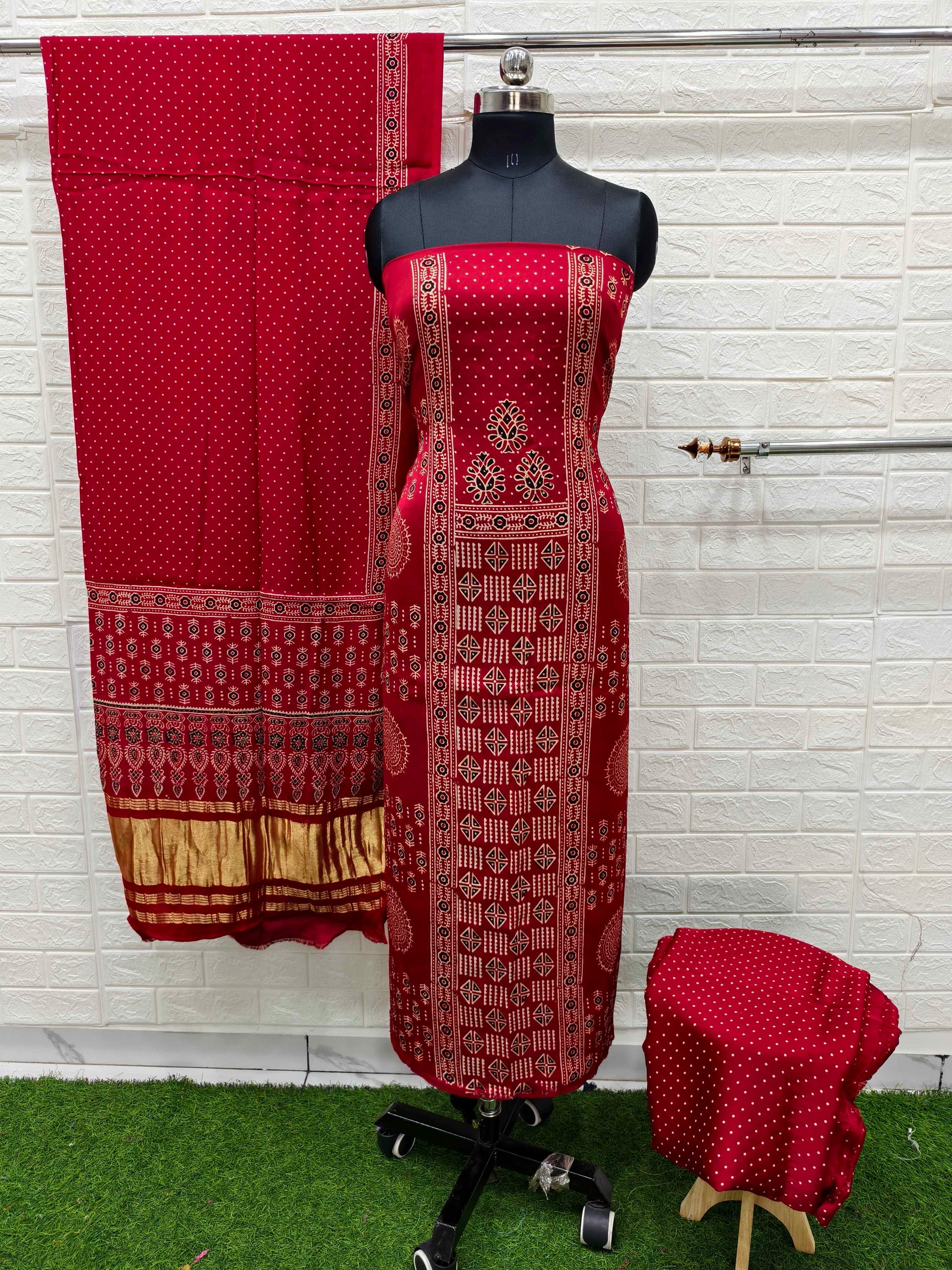 Pure Modal Silk Ajrakh Hand Block Print Neptol Dye 3 Pice Suit