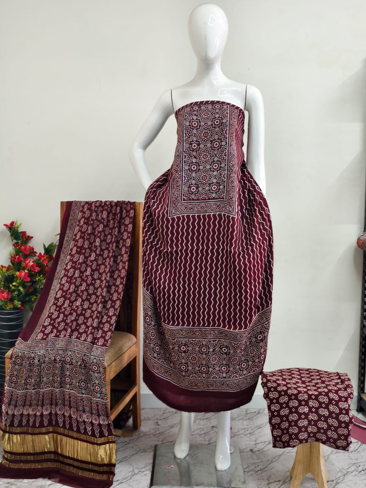 Modal Silk Ajrakh Hand Block Print Suit with Neptol Dye & Zari Pallu Dupatta – Premium Designer Ethnic Wear