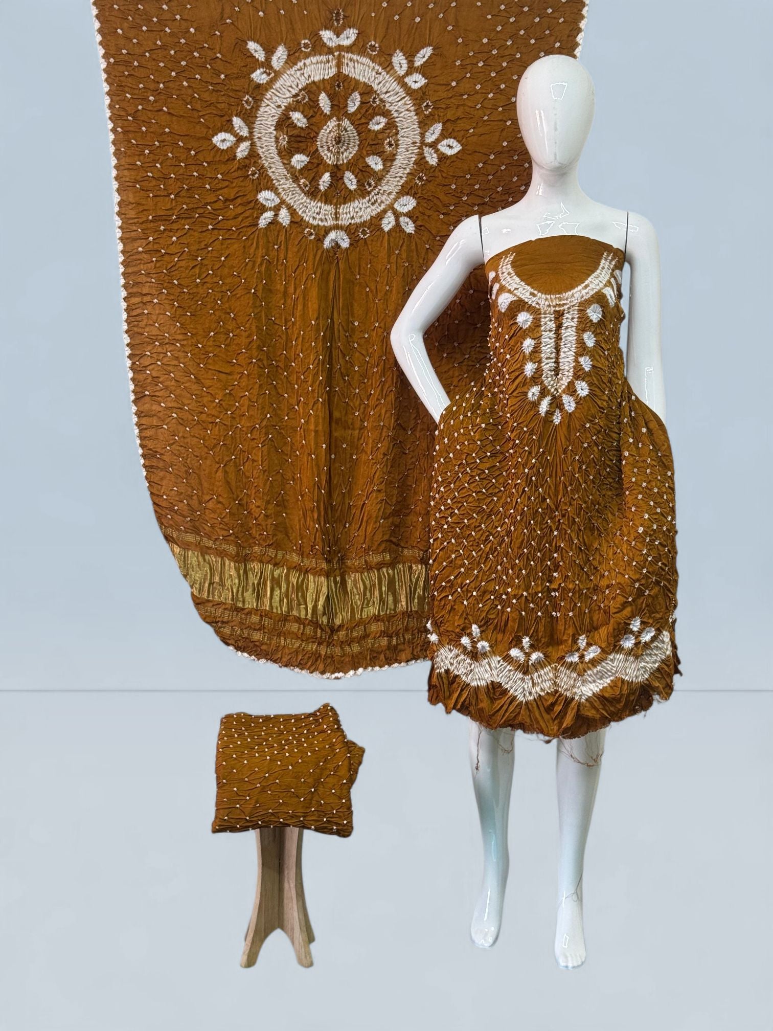 Modal Silk Shibori Suit Set with Bandhej Bottom & Zari Pallu Dupatta