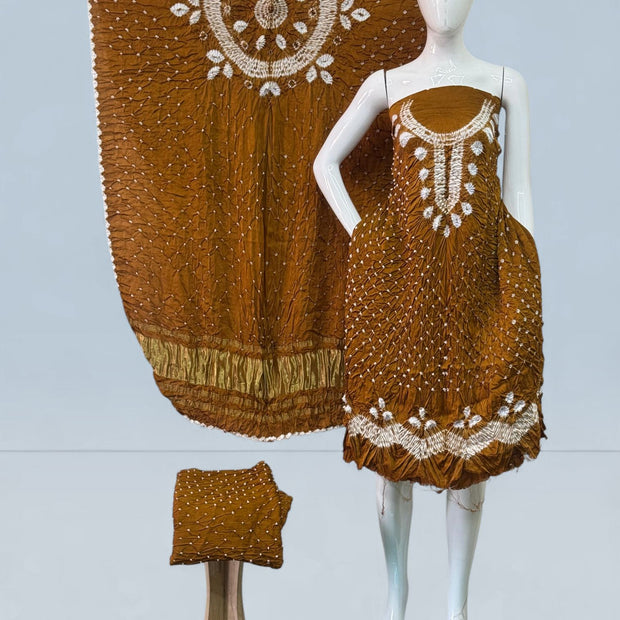 Modal Silk Shibori Suit Set with Bandhej Bottom & Zari Pallu Dupatta