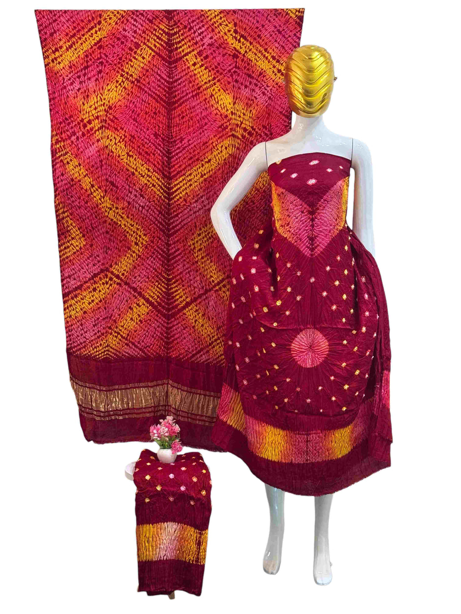 Modal Silk Shibori Suit: Malti Color Bandhani 3-Piece Dress with Zari Pallu