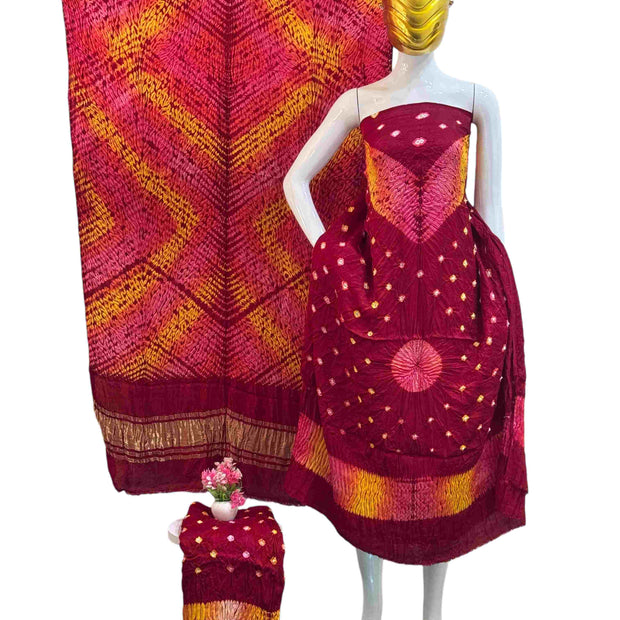Modal Silk Shibori Suit: Malti Color Bandhani 3-Piece Dress with Zari Pallu
