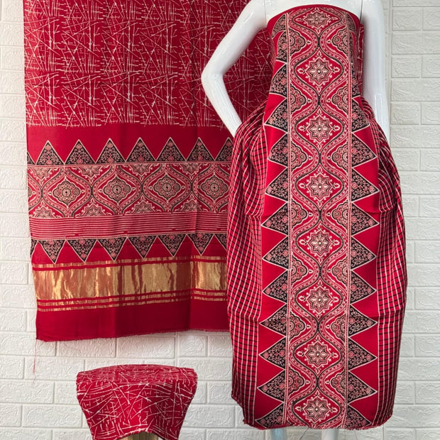 Pure Modal Silk Rust Ajrakh Hand Block Print Neptol Dye 3 Pice Suit