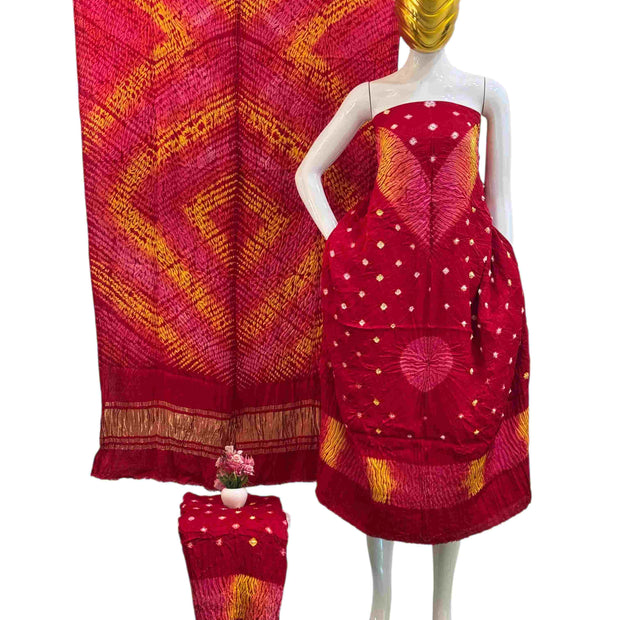 Modal Silk Shibori Suit: Malti Color Bandhani 3-Piece Dress with Zari Pallu