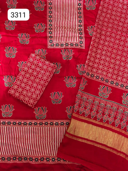 Pure Modal Silk Ajrakh Hand Block Print Neptol Dye 3 Pice Suit