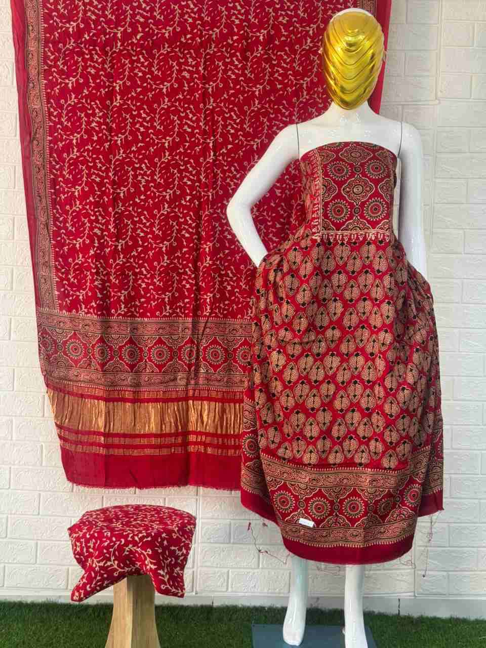 Pure Modal Silk Rust Ajrakh Hand Block Print Neptol Dye 3 Pice Suit