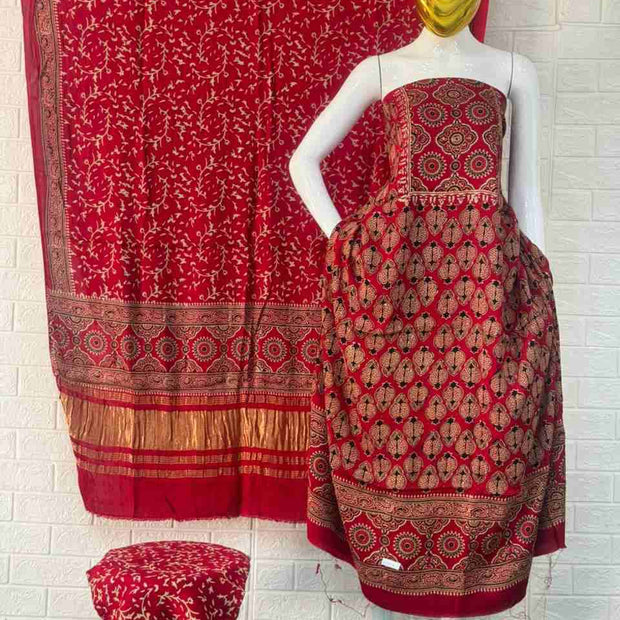 Pure Modal Silk Rust Ajrakh Hand Block Print Neptol Dye 3 Pice Suit
