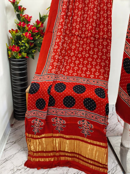 Modal Silk rust Ajrakh Hand Block Print Suit with Neptol Dye & Zari Pallu Dupatta – Premium Designer Ethnic Wear