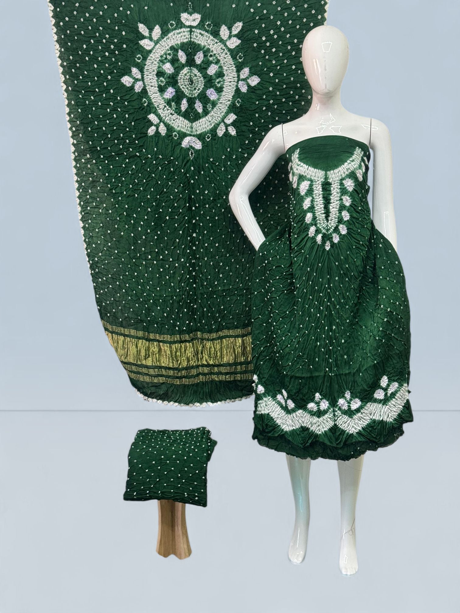 Modal Silk Shibori Suit Set with Bandhej Bottom & Zari Pallu Dupatta