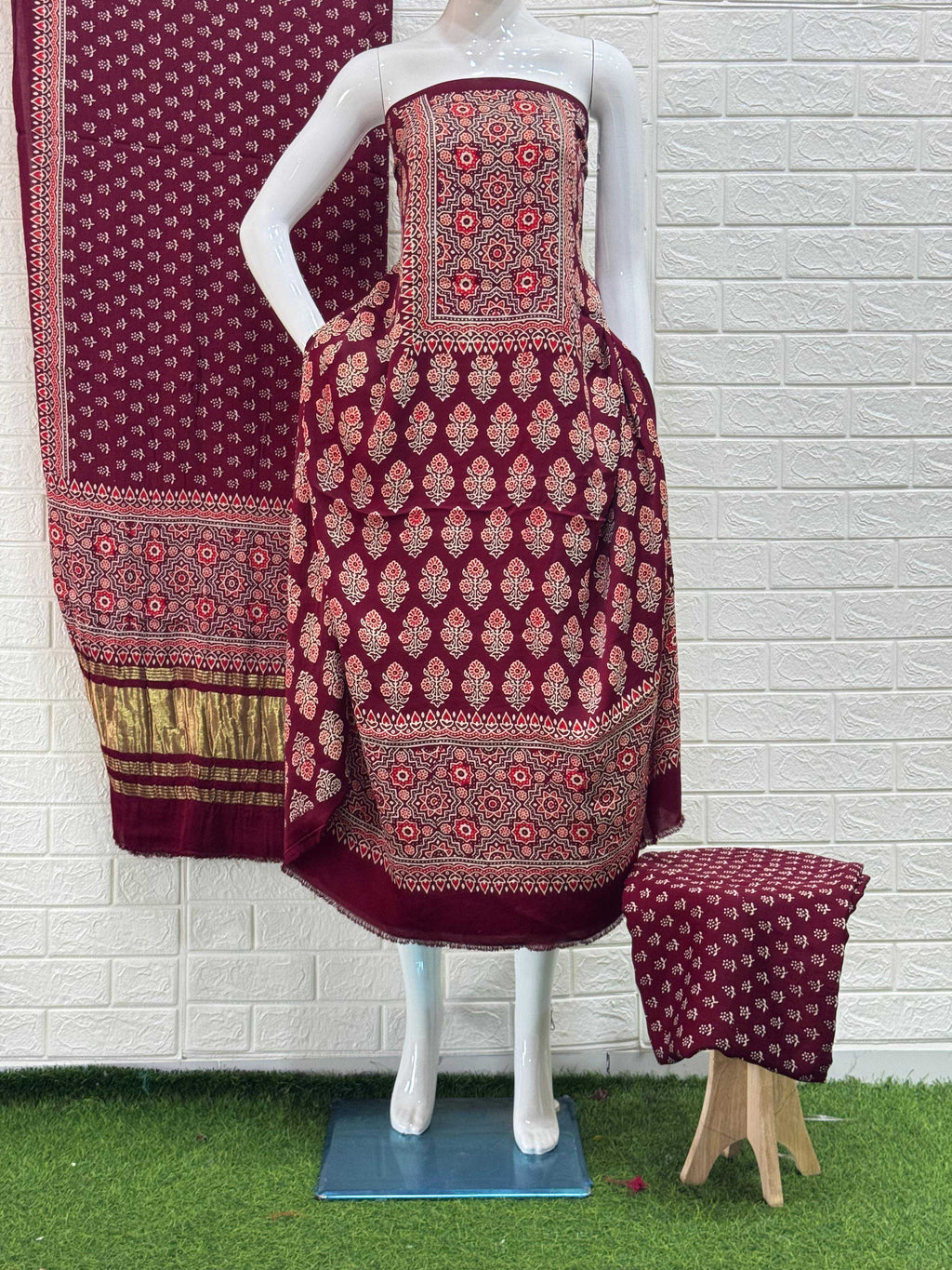 Pure Modal Silk Rust Ajrakh Hand Block Print Neptol Dye 3 Pice Suit